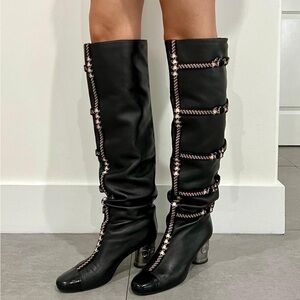Chanel Black Lambskin Leather Tweed Detail Silver Metal Logo Boots Size 39